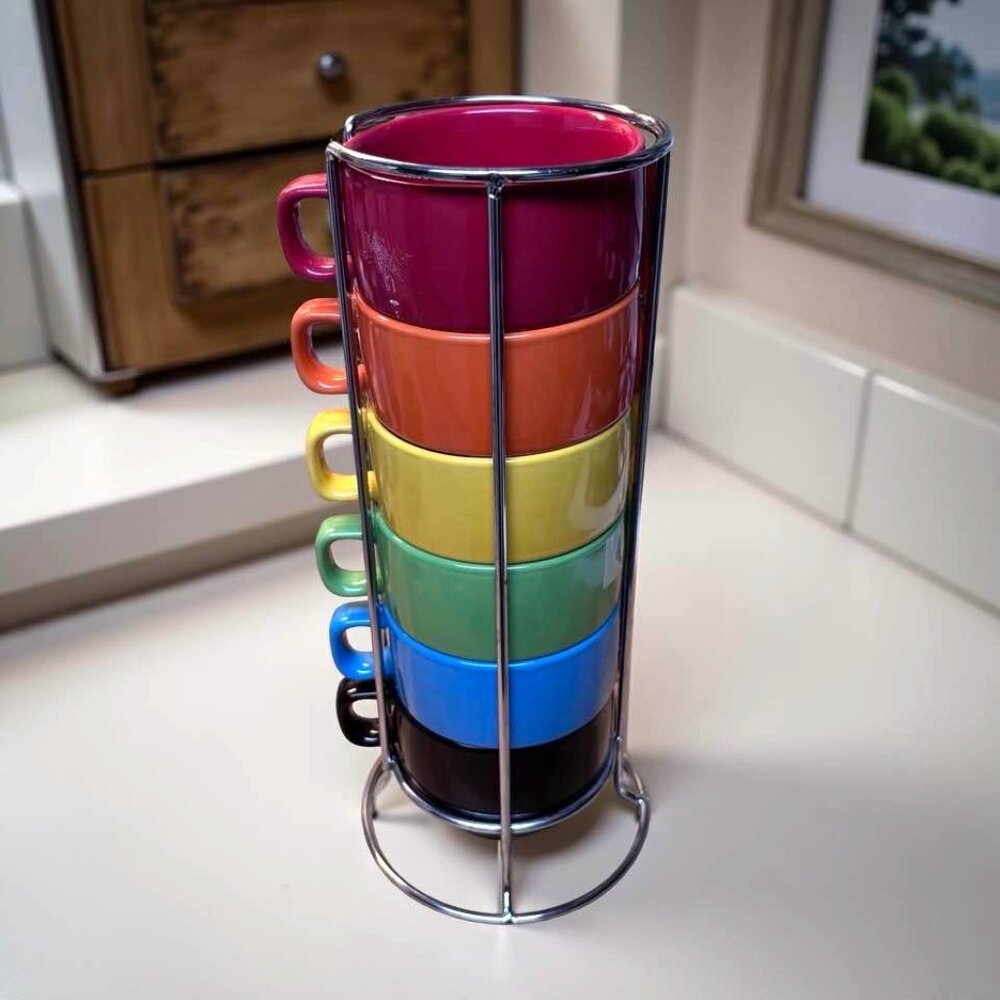 Rainbow Ceramic Stacking Coffee Mug Set With Metal Stand By World Market - Micro - Picture 2 of 4